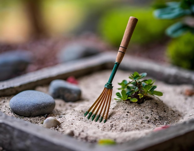 Foto kleine tuin met stenen en een houten rak generatieve ai