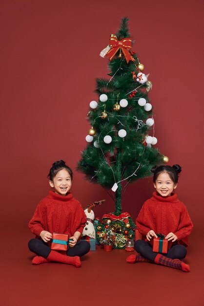 Kleine tweelingzusjes vieren de kerstvakantie