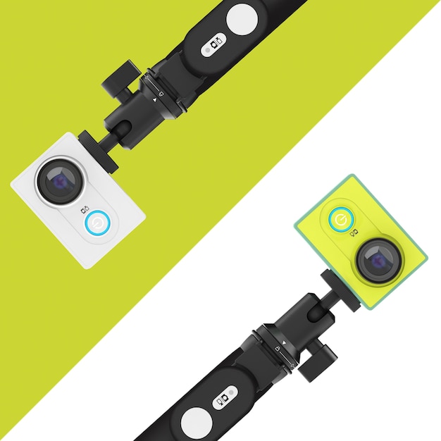 Kleine Ultra HD-actiecamera's met uitbreidbare Selfie Stick Monopod op een witte en groene achtergrond. 3D-rendering