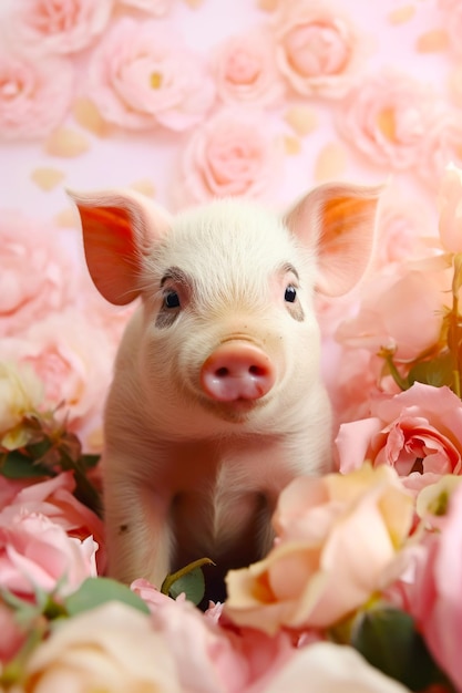 Kleine varken zit in een bed van roze bloemen met een verbaasde blik op zijn gezicht Generatieve AI