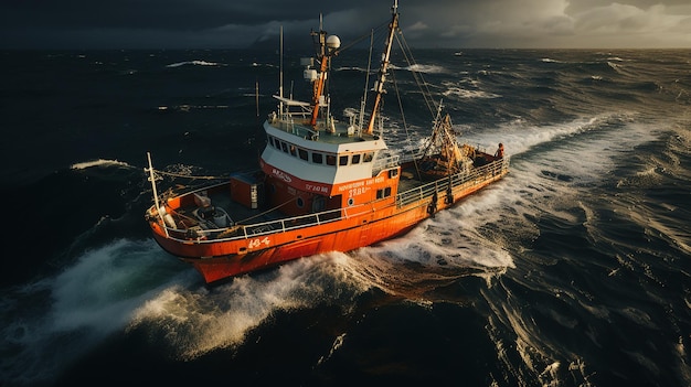 Kleine vissersboot met visnet en uitrusting