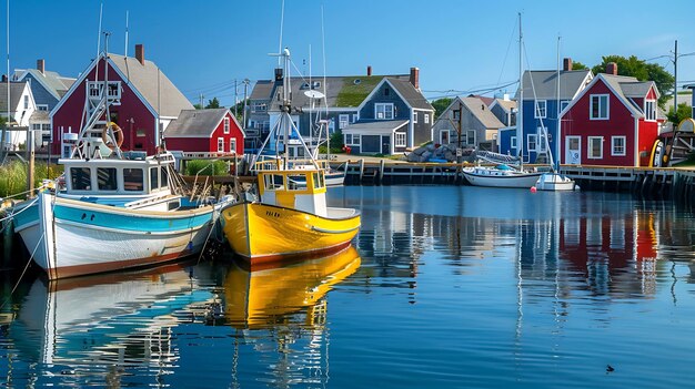 Kleine vissersboten liggen aangemeerd in een haven met kleurrijke huizen op de achtergrond het water is rustig en weerspiegelt nog steeds de lucht en de boten