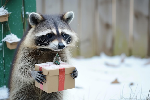 Kleine wasbeer met een kleine geschenkdoos naast een grote