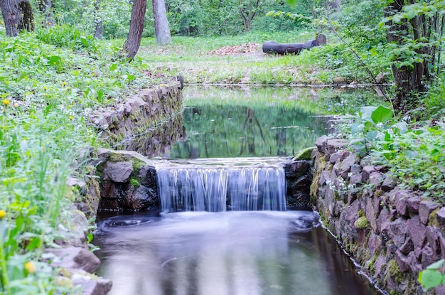 Kleine waterval op een kleine pittoreske beek in het bos