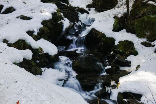 Kleine watervallen over rotsen met sneeuw in de winter