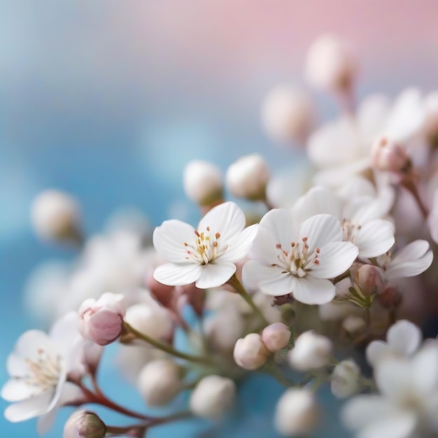 Kleine witte bloemen op een zachte blauwe en roze achtergrond in de buitenlucht