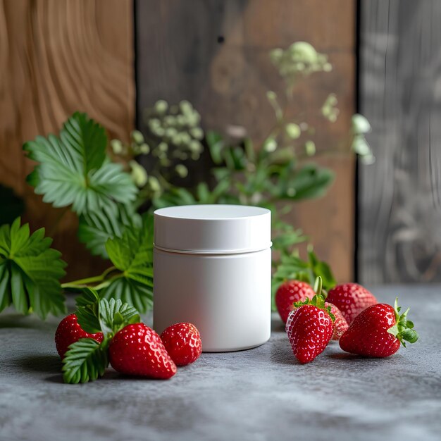 Kleine witte container met groene bladeren en aardbeien op een houten achtergrond