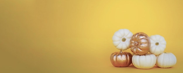 Kleine witte en gouden pompoenen van de variëteit Bera Bu liggen op een gele achtergrond Het concept van oogst Halloween Thanksgiving Ruimte voor tekst