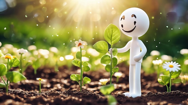 kleine witte figuur staat in een veld van bloemen