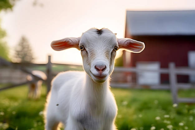 Kleine witte geit op de achtergrond van de boerderij