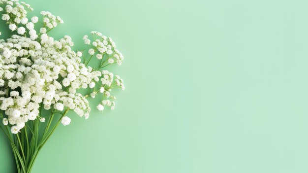 Kleine witte gypsophila bloemen op pastelgroene achtergrond kopieerruimte Generatieve AI