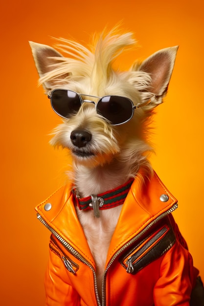 Kleine witte hond met zonnebril en leren jas op oranje achtergrond Generatieve AI