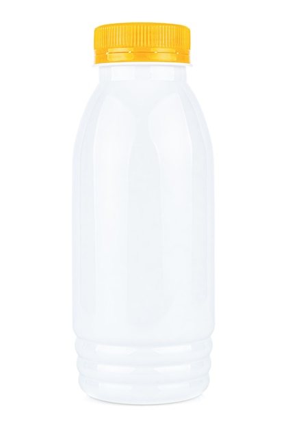 Kleine witte plastic fles met oranje dop geïsoleerd op een witte achtergrond