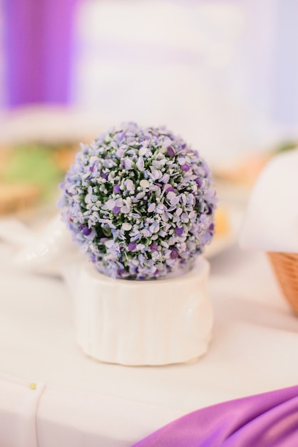 Kleine witte vaas met kleine violette struik staat op de eettafel