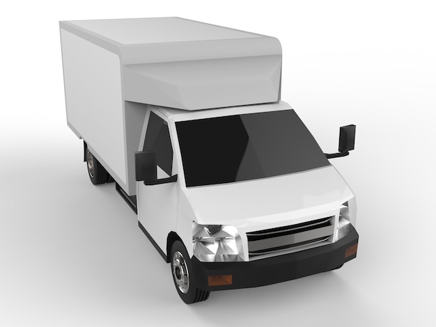 Kleine witte vrachtwagen. Auto bezorgservice. Levering van goederen en producten aan winkels. 3D-weergave.