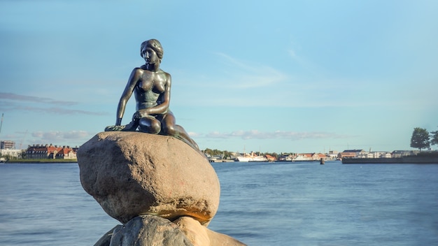 Kleine zeemeermin standbeeld op rots in Denemarken