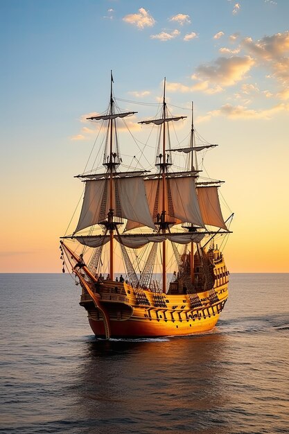 Kleine zeilschip op de open zee bij zonsondergang betoverende sereniteit