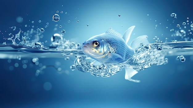 Kleine zilveren vis met een doorzichtige staart op een geïsoleerde blauwe achtergrond Blauwe gradiënt Oceaandiepte