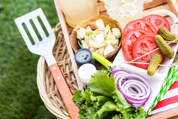 Kleine zomerpicknick met limonade en hamburgers in het park.