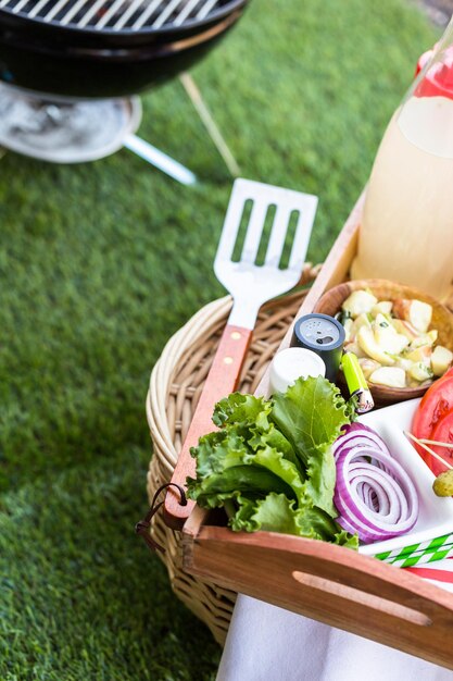 Kleine zomerpicknick met limonade en hamburgers in het park.