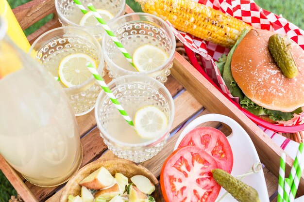 Kleine zomerpicknick met limonade en hamburgers in het park.