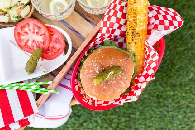 Kleine zomerpicknick met limonade en hamburgers in het park.