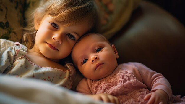 Kleine zus met haar broertje thuis Foto heldere kleuren