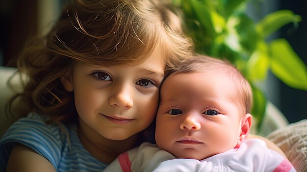 Kleine zus met haar broertje thuis Foto heldere kleuren