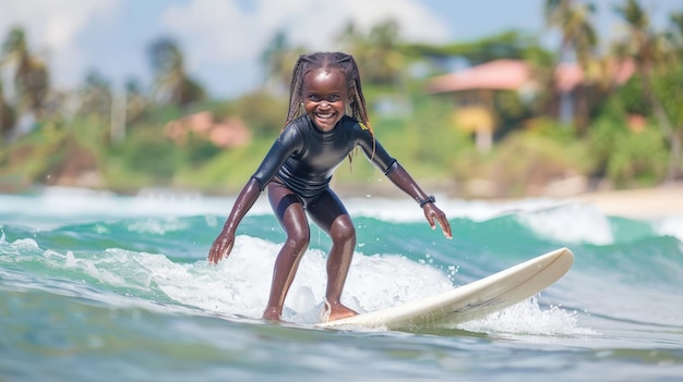 Kleine zwarte meisje surft op de golven en staat zelfverzekerd op haar surfplank en geniet van haar surflevensstijl op het eiland Sao Tome en Principe in Afrika