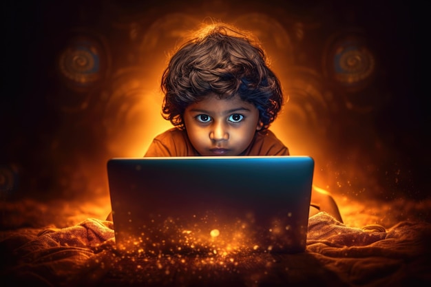 Kleintje gebruikt een laptop Een schattige jonge jongen leert al op jonge leeftijd met technologie omgaan door op jonge leeftijd een laptop te gebruiken