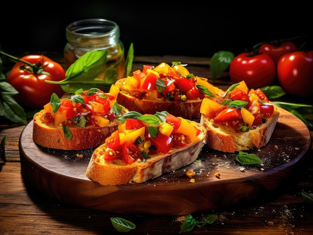 Kleur Bruschetta Italiaanse Baguette met rode en gele tomaten Basiliek gezonde mediterrane toast