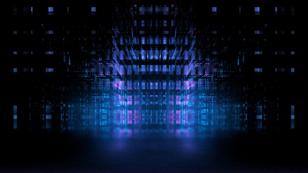 Kleur futuristische showcase scène achtergrond. Moderne donkere neon fantastische reflectie showcase achtergrond, gloeiende heldere elementen. 3D render