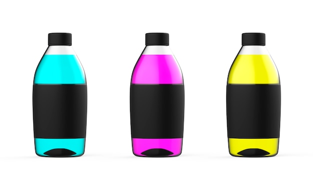 Kleur plastic fles set met kleurrijke water geïsoleerde transparante vloeistofcontainer kleur mockup