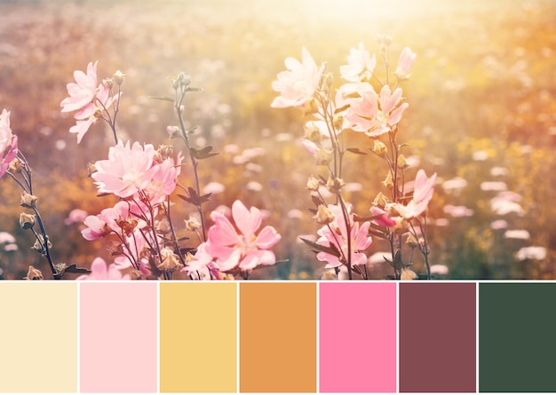 Kleuraanpassing Zomerpalet van afbeelding van landschap met wilde kaasjeskruid Sunlight Meadow in warme mosterd en roze kleuren