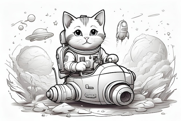 Kleurboek voor kinderen leuke kat astronaut riding rocket