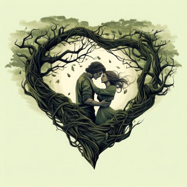 Kleurboekpagina illustratie van het echtpaar met een hart dat zich vormt door de takken van de bladeren