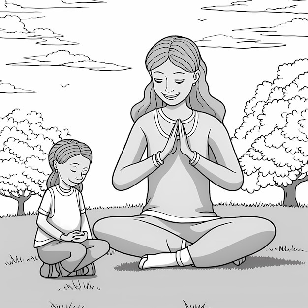 kleurboekpagina meisje doet yoga met haar moeder in het park