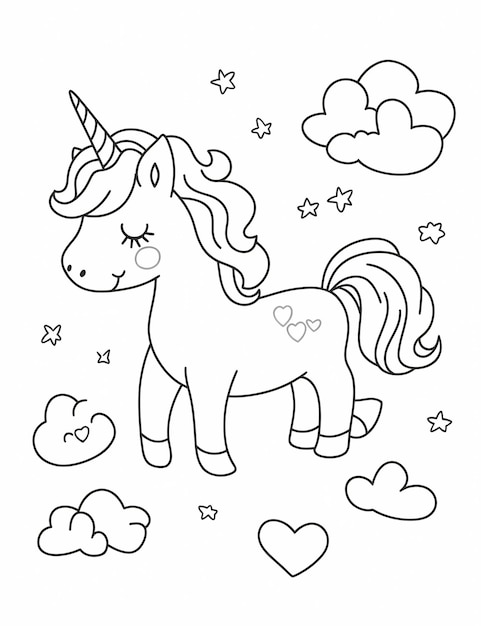 kleuren pagina voor kinderen schattige eenhoorn met wolken en sterren in de lucht cartoon stijl dikke lijnen lage details geen schaduw kleurrijke achtergrond