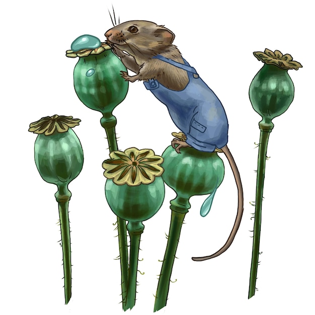 Kleurentekening van een muis in slipje met tuinpapaver en dauwdruppels Humor Illustratie