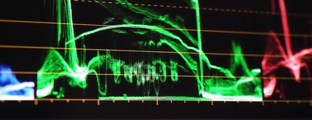 Kleurgradatiegrafiek of RGB-kleurcorrectie-indicator op monitor in postproductieproces. Telecine-fase in video- of filmproductieverwerking. voor colorist bewerken of kleur aanpassen op digitale film.