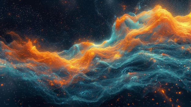Kleurige abstracte achtergrond van gloeiende blauwe en oranje fractal wolken
