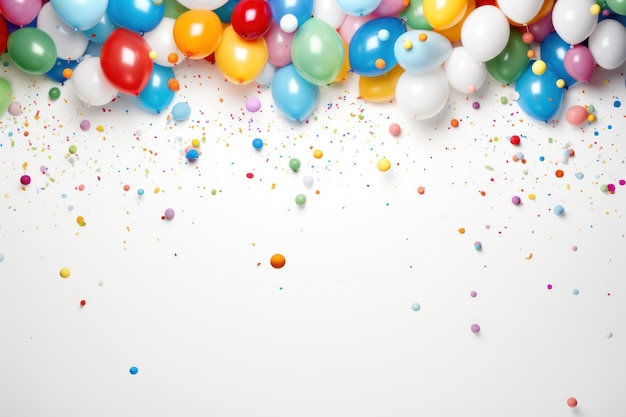 Foto kleurige ballonnen en confetti op witte achtergrond ruimte voor tekst