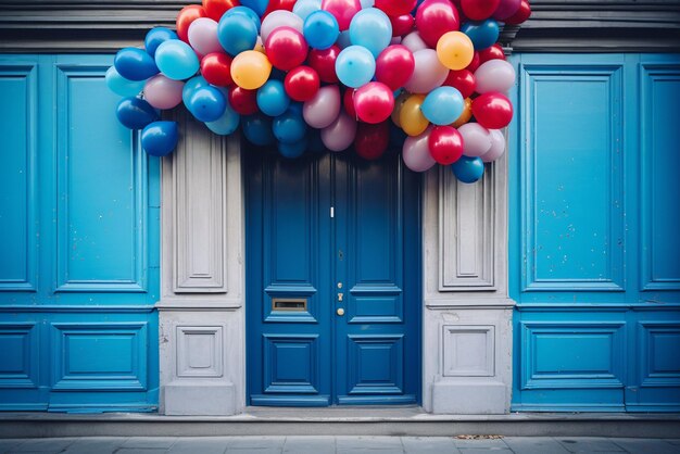 Foto kleurige ballonnen komen uit een blauwe deur.