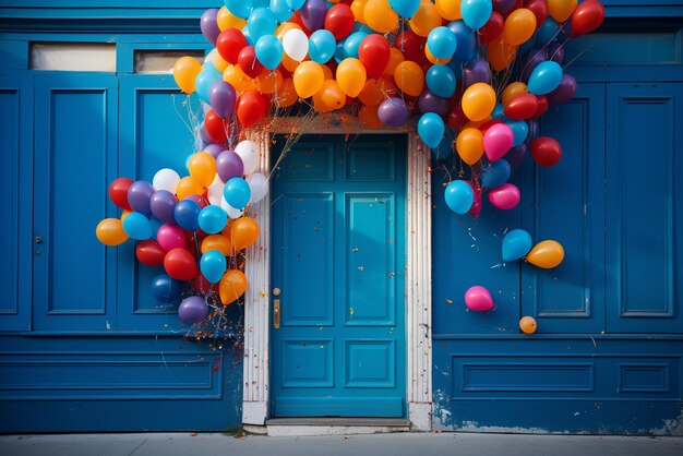 Foto kleurige ballonnen komen uit een blauwe deur.