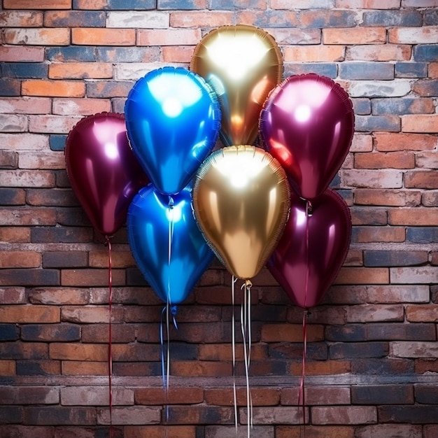 Foto kleurige ballonnen op een bakstenen muur achtergrond 3d-rendering