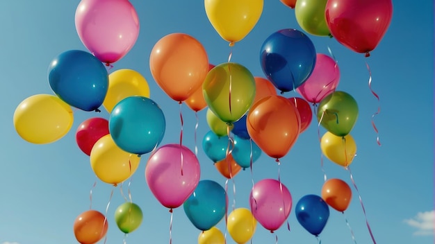 Kleurige ballonnen tegen een blauwe hemel.