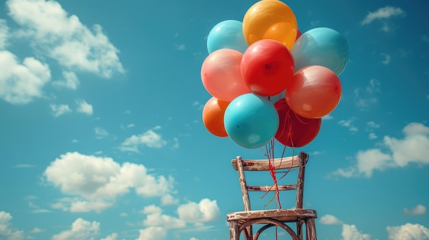 Kleurige ballonnen vastgebonden aan een stoel onder blauwe lucht