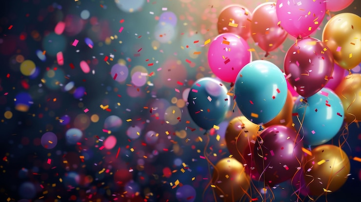 Foto kleurige ballonnen versterkt door een uitbarsting van feestelijke confetti