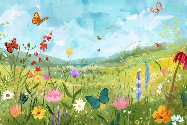 Kleurige bloemen en speelse vlinders in een zonnige weide Een zonnige dag in een kleurrijke weide gevuld met speelige vlinders en bloeiende bloemen
