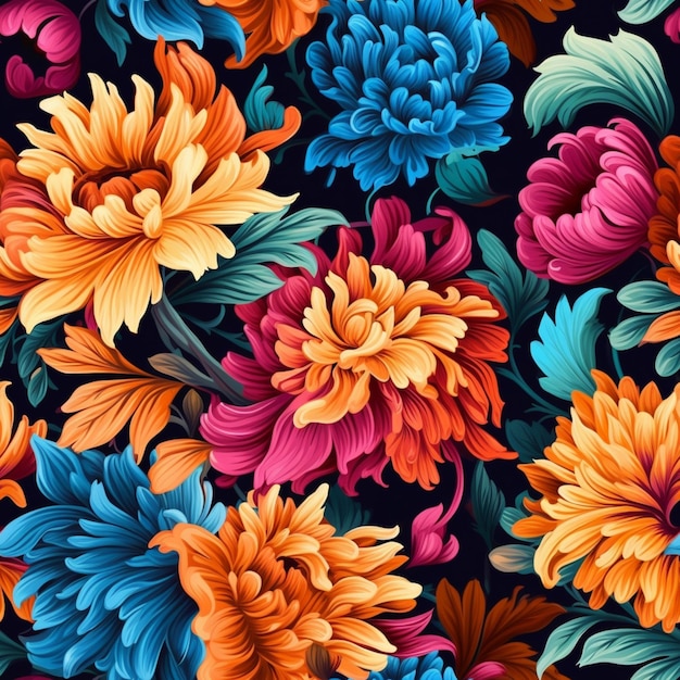Kleurige bloemen zijn gerangschikt in een patroon op een zwarte achtergrond generatieve ai